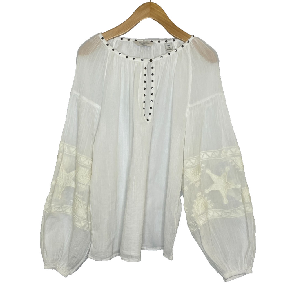Women's Small Scotch & Soda White Boho Peasant Blouse Embroidered Grommets